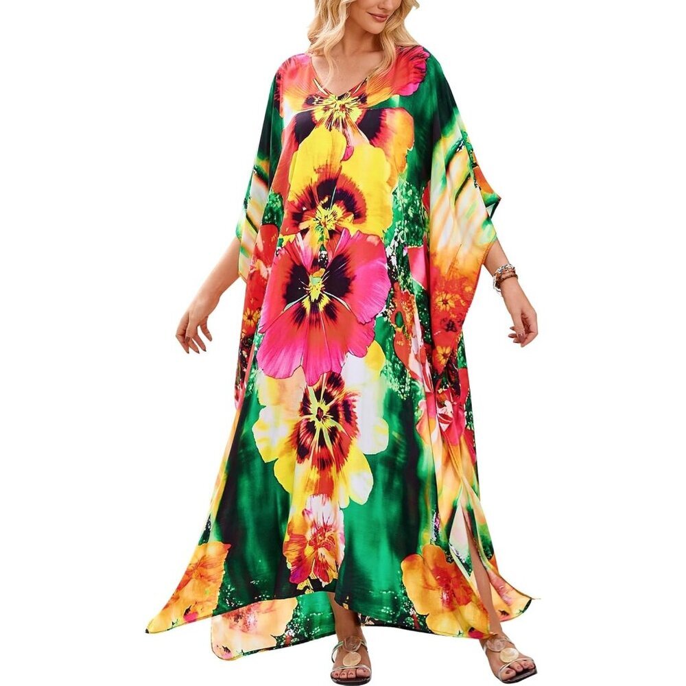 Women Yellow Flower 100% Polyester V Neck Summer Beach Dresses Cover Caftan Maxi